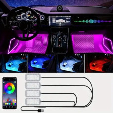 Подсветка салона авто RGB LED 4шт подсветка ног USB Bluetooth управление через приложение