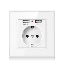 Розетка SIXWGH с 2 USB-портами  и заземлением WH034W Белая Ободок Стекло