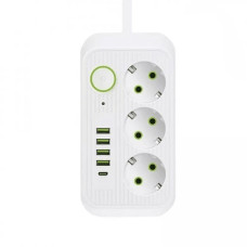Сетевой фильтр Power Socket F09U с защитой, 3 розетки и 4 USB-порта Type-C, длина 2 м