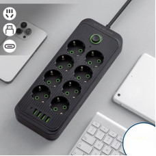 Удлинитель розетки сетевой фильтр 8 гнезд 5 USB с выключателем кабель 2 м