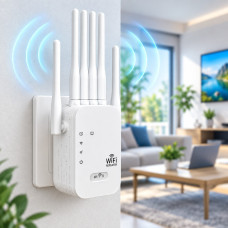 Wi-Fi ретранслятор 2.4/5 ГГц до 1200 Мбіт/с 6 антен 2 RJ45 3 режими роботи білий