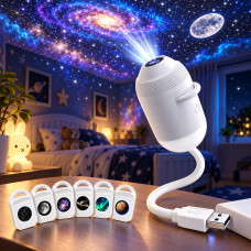 Світлодіодний USB-проєктор зоряного неба 6 в 1 зі змінними слайдами та гнучкою ніжкою, білий